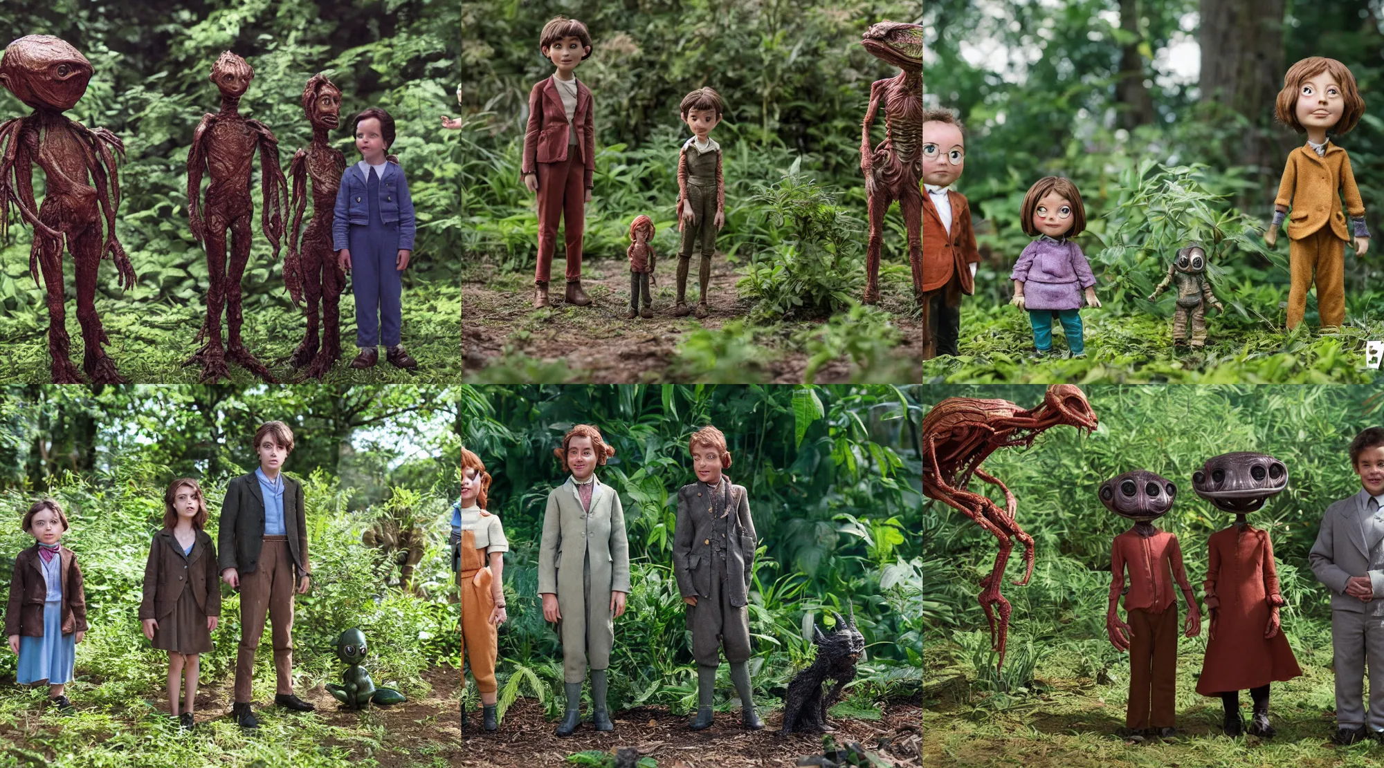 Prompt: detailed, sharp, a girl and a boy standing next to some strange wild alien plants, looking happy, wearing 2140s era clothes, their small pet tiny alien creature is standing nearby, in a park on a strange alien planet, extremely highly detailed, in focus faces, 70mm still from a classic period sci fi color blockbuster movie, 4k, 35mm macro lens, high quality lighting, sharp focus