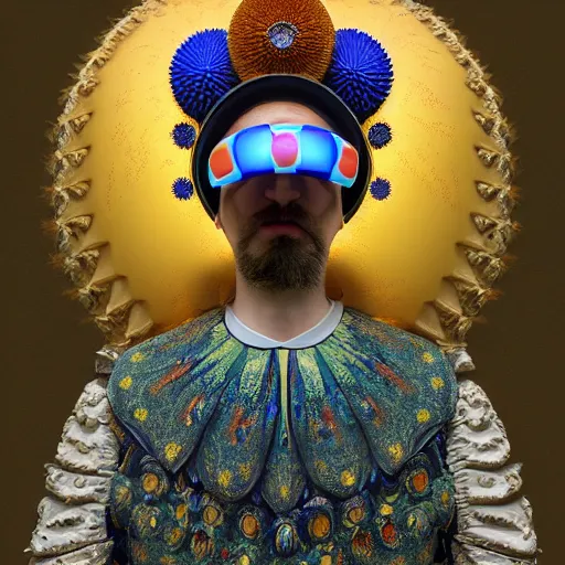 Image similar to Colour Caravaggio and mandelbulb 3d fractal style full body portrait Photography of Highly detailed Man wearing detailed Ukrainian folk costume designed by Taras Shevchenko with 1000 years perfect face wearing highly detailed retrofuturistic VR headset designed by Josan Gonzalez. Many details In style of Josan Gonzalez and Mike Winkelmann and andgreg rutkowski and alphonse muchaand and Caspar David Friedrich and Stephen Hickman and James Gurney and Hiromasa Ogura. Rendered in Blender and Octane Render volumetric natural light