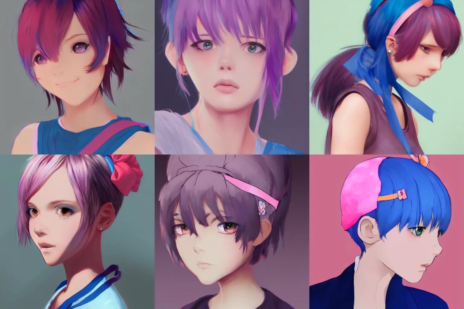 Prompt: girl with short blue hair and pink headband, artstation, kyoani, high resolution