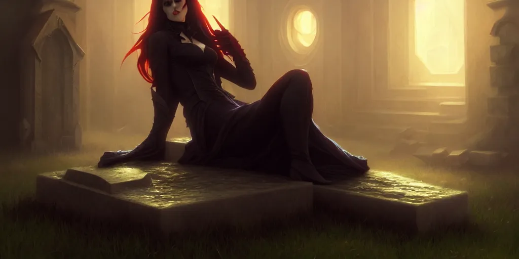 Image similar to vampire sitting quietly on a tombstone, volumetric lighting, cinematic, highly detailed, digital painting, artstation, concept art, matte, sharp focus, illustration, art by artgerm and greg rutkowski and alphonse mucha