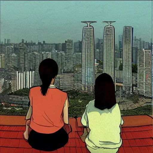 Image similar to art of two singapore students on the roof of a hdb flat, watching the skyline, by moebius