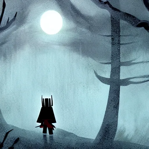 Prompt: samurai jack walks alone through the woods at night, gloomy, dark, foggy, night, ominous, dark color, atmospheric, cinematic lighting, intricate detail?