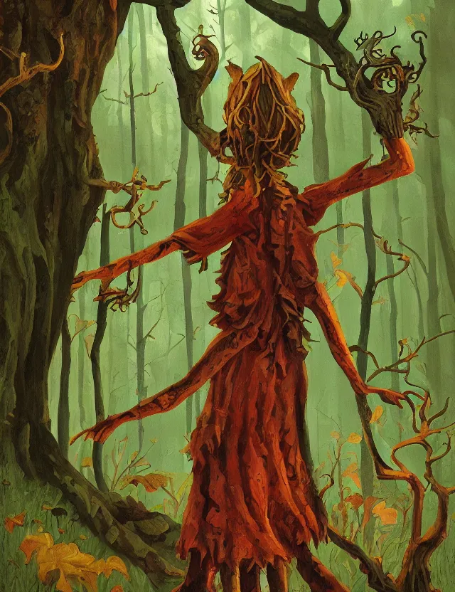 Prompt: witch of the lichen woods. this heavily stylized oil painting by the beloved children's book illustrator has an interesting color scheme, plenty of details and impeccable lighting.