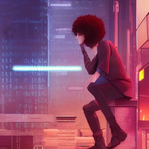 Prompt: cyberpunk curly - haired persian programmer next to an artificial brain on a stand, trending on artstation, makoto shinkai, masamune shirow and moebius, high detailed