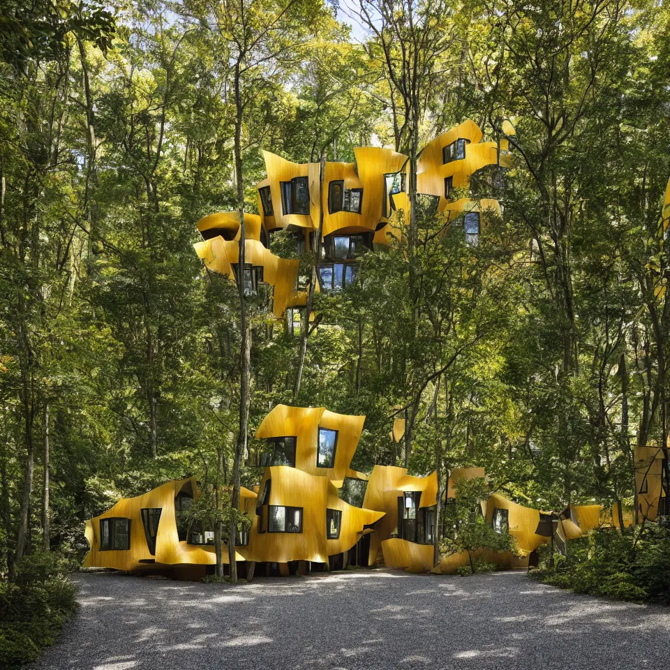 Image similar to a flat house in a light forest clearing, designed by Frank Gehry. Tiles. Gravel pathway with parking. Film grain, cinematic, yellow hue