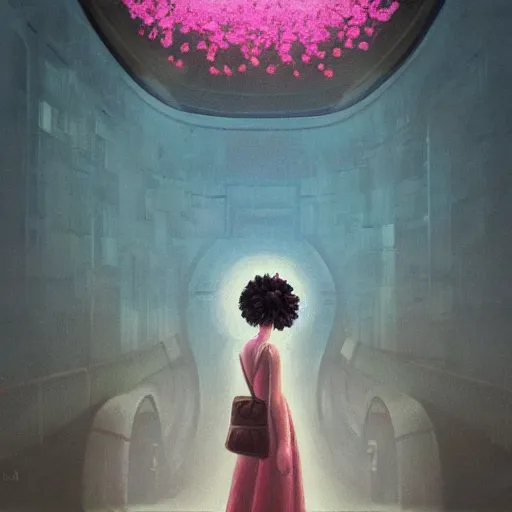 Image similar to giant carnation flower head, woman in metro station, surreal photography, dramatic light, impressionist painting, digital painting, artstation, simon stalenhag