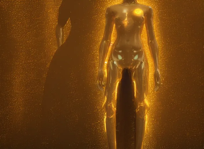 Image similar to !dream Figure cyborg with flowing golden robes and light beams, volumetric lighting, By Gustav Klimt, Monet, cg, Octane render, 4K, Yoshitaka Amano, James Jean