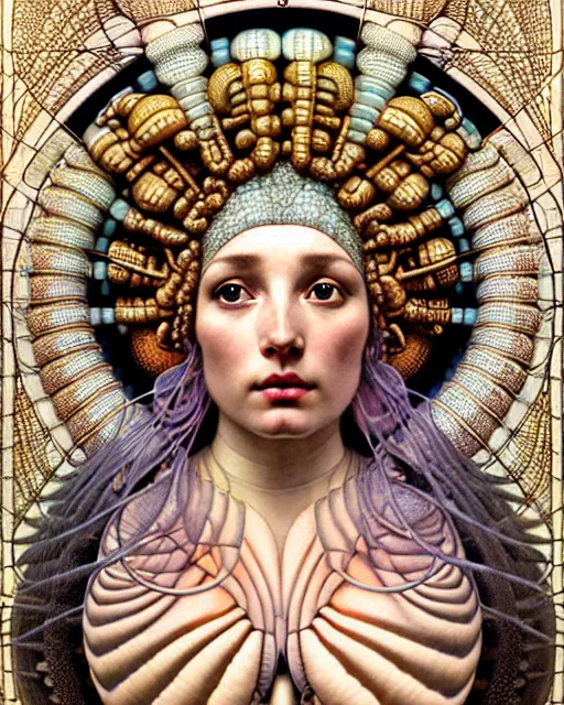 Image similar to hyperrealistic detailed face portrait of the beautiful goddess of the giant isopods with an intricate golden ornamental geometrical fractal giant isopod masked headdress, art by ernst haeckel, john william godward, android jones, alphonso mucha, h. r. giger, gothic - cyberpunk, ornamental, dimmed pastel colours,