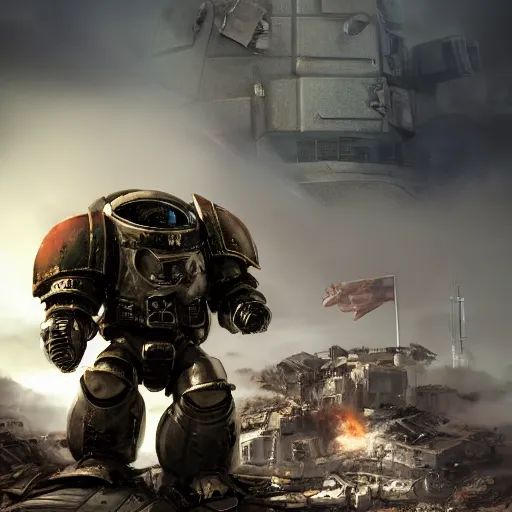 Image similar to heavily armored space marine standing on a pile of scrap metal and rubble, holding up a big futuristic rifle, smoke rising in the background, destroyed buildings and dead robots scatter the ground, cinematic, artstation, octane 3 d, atmospheric, smoke explosions, ominous battlefield, rule of thirds, detailed face mask, by vitaly bulgarov and filip hodas, art by blizzard