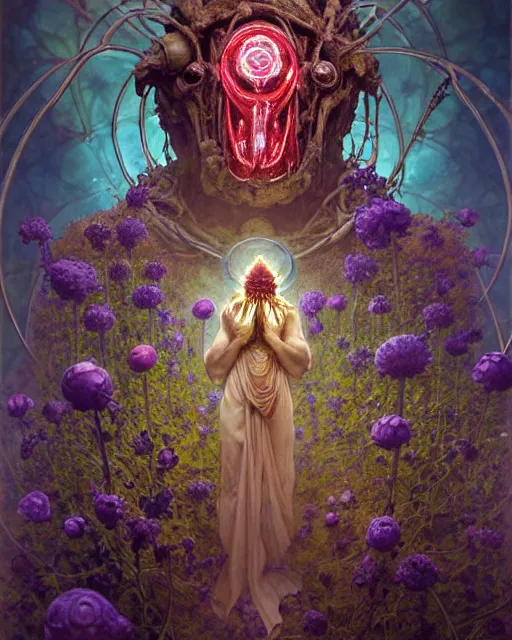 Image similar to the platonic ideal of flowers, rotting, insects and praying of cletus kasady carnage thanos nazgul doctor manhattan chtulu mandelbulb spirited away bioshock davinci heavy rain, d & d, fantasy, ego death, decay, dmt, psilocybin, art by artgerm and greg rutkowski and alphonse mucha