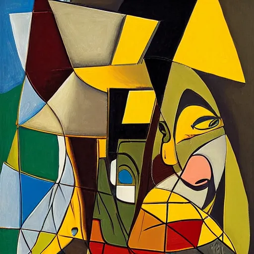 Prompt: A vividly detailed wide angle cubism painting of a illusory women sitting on an almost depthless flat chair with an African mask on her face looking angry, muted browns, yellows and blacks, digital art