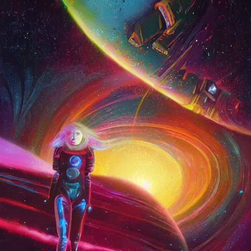 Image similar to epic illustration of Scarlett Johansson as a beautiful space wizard by Paul Lehr, detailed, space opera, screen print,