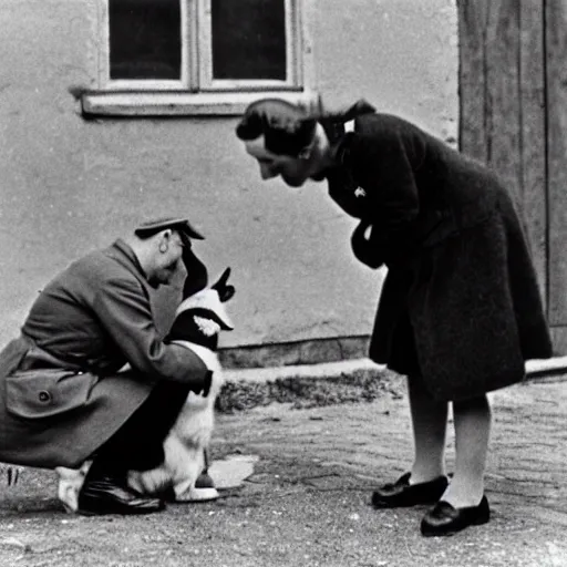 Prompt: ultra wide 1 9 4 6 historical photo of a single german general kneeling to pet a cute corgi, a young queen elizabeth stands near him, french village exterior, highly detailed, sharp focus