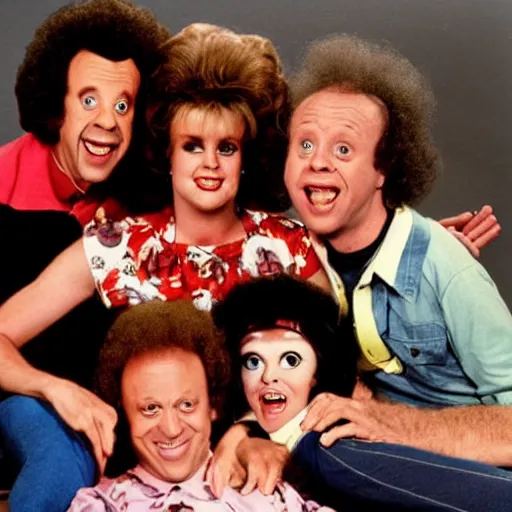 Image similar to vintage 1 9 8 0's sitcom publicity photo, a happy photogenic family and richard simmons as a horrifying angry detailed monstrous demon creature inside a 1 9 8 0's sitcom living room