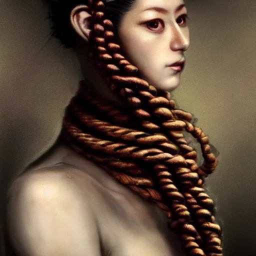 Image similar to portrait of a Shibari rope wrapped face and neck, headshot, insanely nice professional hair style, dramatic hair color, digital painting, of a old 18th century, Royal Emperor, amber jewels, baroque, ornate clothing, scifi, realistic, hyperdetailed, chiaroscuro, concept art, art by Franz Hals and Jon Foster and Ayami Kojima and Amano and Karol Bak,