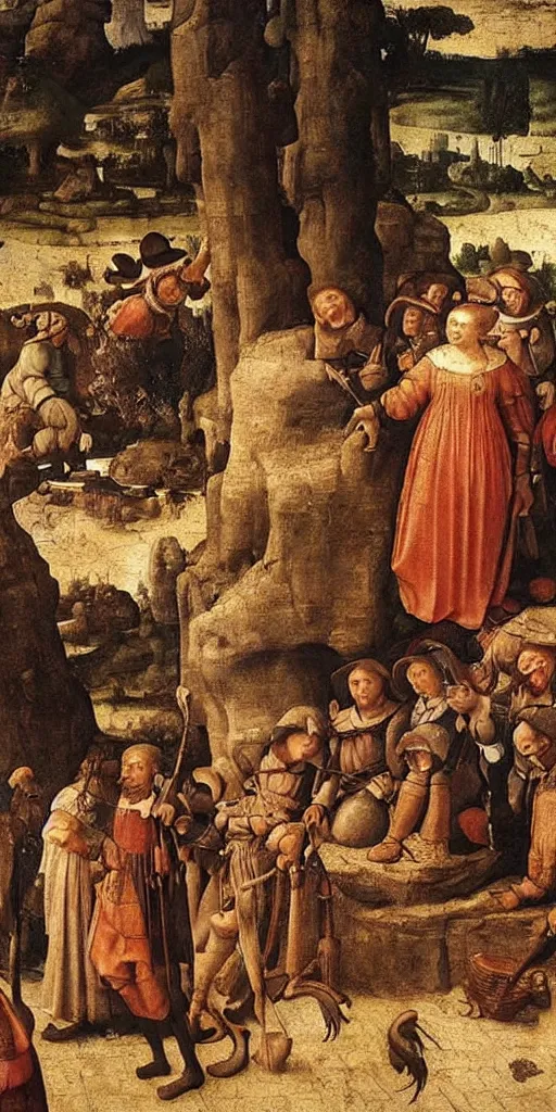 Image similar to painting of medieval peasants watching with joy and surprise and squid fly in the sky above. renaissance painting. art. hyperrealistic. leonardo davinci