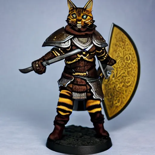 Prompt: quarter length vogue 7 0 mm fashion photo portrait of a dark tabby tabaxi paladin, halberd, plate armor, d & d