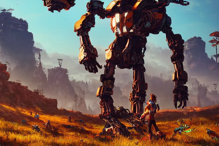 Image similar to tallneck machine mecanical creature robot of horizon forbidden west horizon zero dawn radiating a glowing aura global illumination ray tracing hdr fanart arstation by ian pesty and alena aenami artworks in 4 k