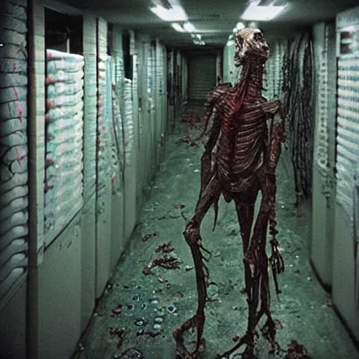 Image similar to “ugly filthy gross fleshy raw meat insectoid cybernetic mummy horse standing in a filthy dirty small server room filled with garbage and networking cables. David Cronenberg. Body horror style. 35mm.”