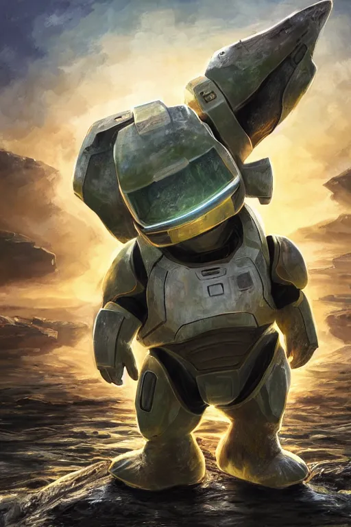 Image similar to psyduck pokemon playing as master chief, oil on canvas, intricate, 8 k highly professionally detailed, hdr, cgsociety