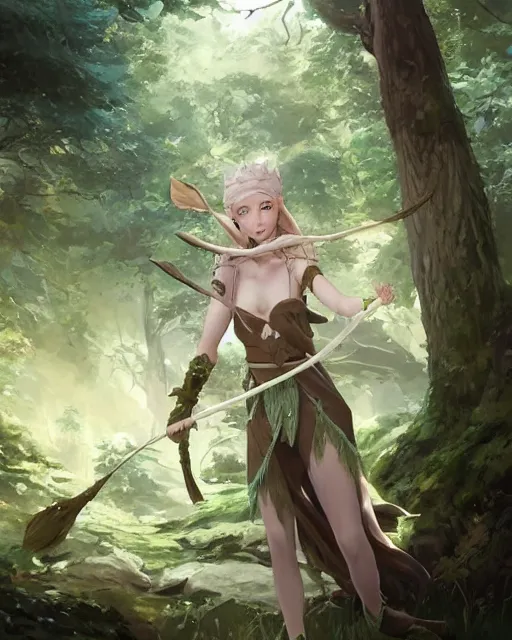 Prompt: a female elven tribe hunter, white standing in a green, luscious forest. Holding a bow in her left hand. Atmospheric lighting. By Makoto Shinkai, Stanley Artgerm Lau, WLOP, Rossdraws, James Jean, Andrei Riabovitchev, Marc Simonetti, krenz cushart, Sakimichan, D&D trending on ArtStation, digital art.