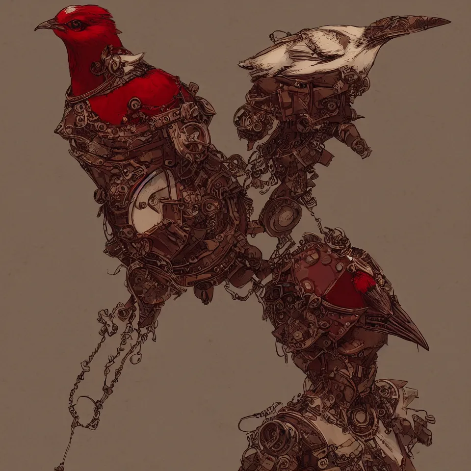 Image similar to a detailed concept art steampunk of a bust bird by miguel nogueira, gradient dark red, cream and white color scheme, dynamic lighting, cinematic, epic composition, masterpiece
