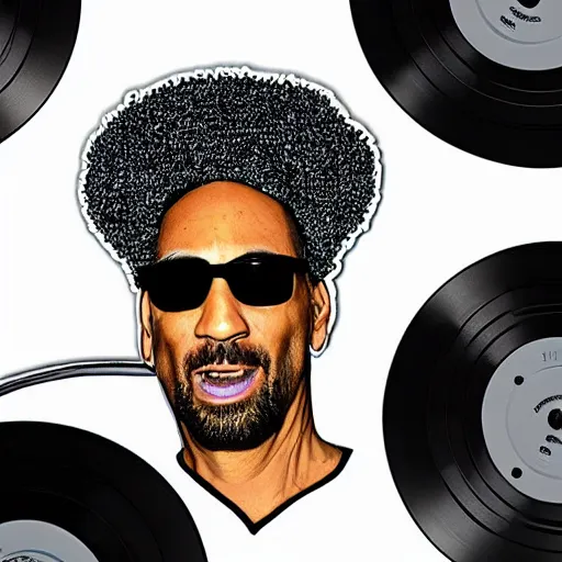 Image similar to svg sticker of a Dancing-Ben-Harper-Snoop-Spike-Lee-with-a-large-Afro-Puff, at a rave, spinning records, giant headphones rocking out, wearing headphones, huge speakers, dancing, rave, DJ, spinning records, digital art, amazing composition, rule-of-thirds, award-winning, trending on artstation, featured on deviantart