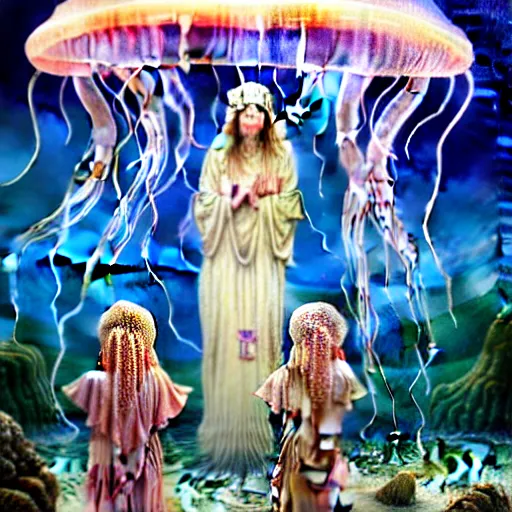 Prompt: A painting of priestesses worshipping at the jellyfish temple, shrouded in mist, jellyfish god, jellyfish priestess, jellyfish shrine maiden, 8K, illustration, art by Lilia Alvarado, Sophie Anderson, Mark Arian, Bob Byerley, Charlie Bowater, Mark Brooks, Steve Henderson, Justin Gerard, Arthur Hughes, Edward Robert Hughes, Mark Keathley, Victor Nizovtsev, Carlos Shwabe, Ross Tran, WLOP, smoke, undersea temple with fish, cinematic, insanely detailed and intricate, hypermaximalist, elegant, super detailed, award-winning, magenta and crimson and cyan, rainbow accents, iridescence, bioluminescence, mysterious, ancient, ritual, trending in cgsociety, artstation HQ, ornate, elite, haunting, matte painting, beautiful detailed, insanely intricate details, dreamy and ethereal, otherworldly