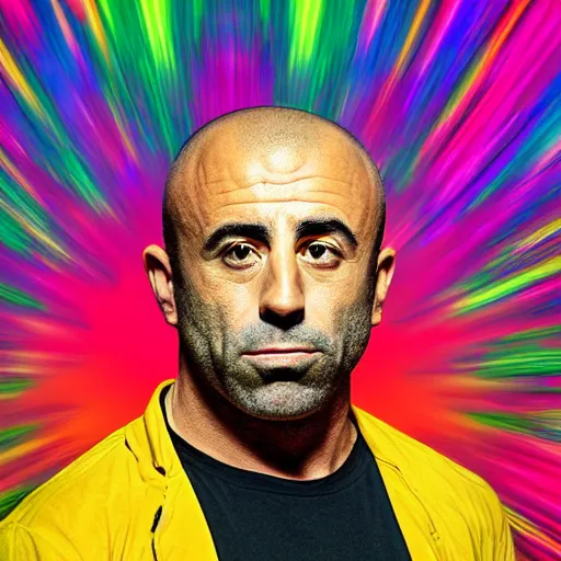 Image similar to a portrait of joe rogan with a psychedelic background with bokeh