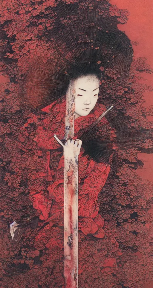 Image similar to Japanese schoolgirl runs away from Samurai with a katana on the subway, high detailed Beksinski painting, part by Adrian Ghenie and Gerhard Richter. art by Takato Yamamoto. masterpiece, deep colours, red