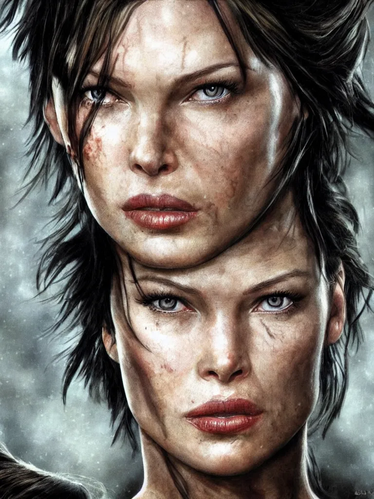 Image similar to close up potrait of Mila Jovovich face as tomb raider