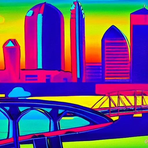 Prompt: san diego skyline, coronado bridge, painted in peter max style, 8 k