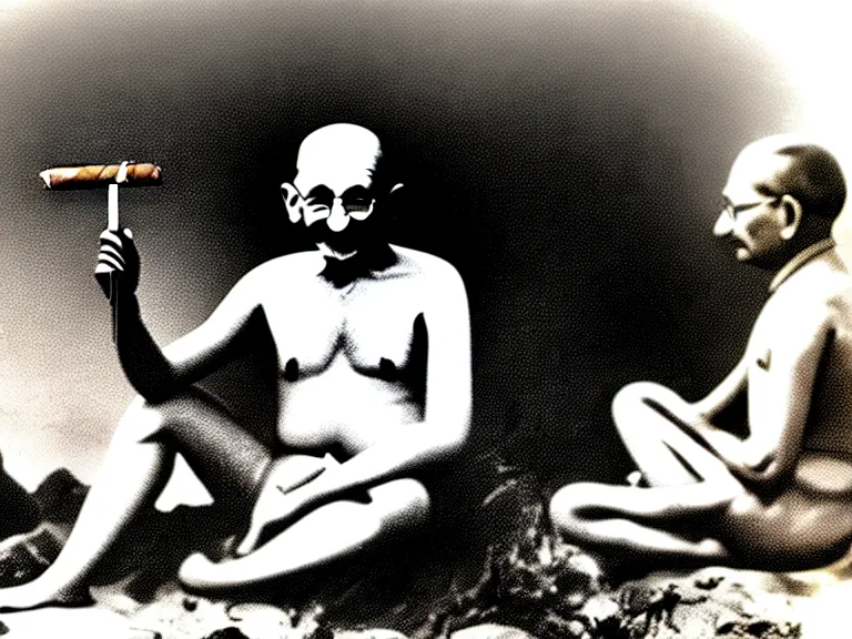 Image similar to side view of gandhi holding a cigar, sitting on a beach, next to a campfire, with palm trees and different types of beach animals parrot turtle lizard crab coconuts in the back