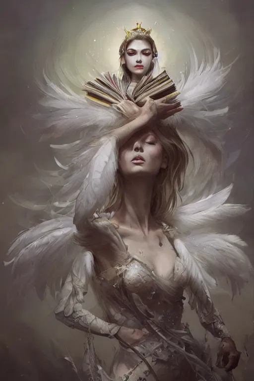 Image similar to beautiful ghost model wearing crystal white feathers, holding books, queen of storytelling, diamonds, angel, fantasy, dramatic lighting, highly detailed, digital painting, magic the gathering, hyper detailed, 3 d render, hyper realistic detailed portrait, peter mohrbacher, wlop, ruan jia