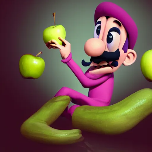 Image similar to waluigi eating apple, 3 d digital painting, cgsociety, artwork, 8 k, hyperdetalied,