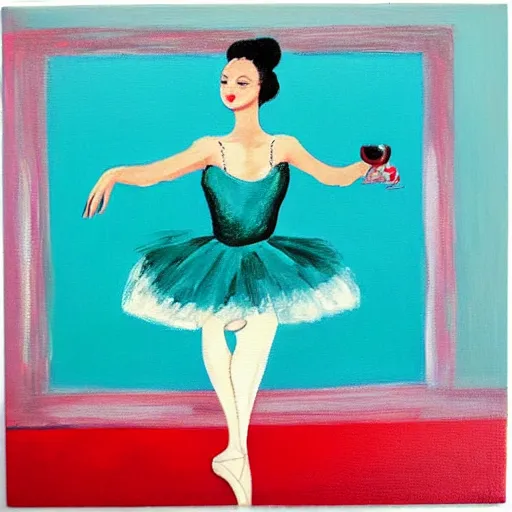 Prompt: square painting of a ballerina drinking wine in a teal room all on a red background