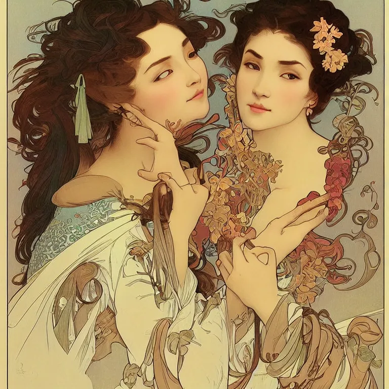 Prompt: beautiful women with oriental faces, character portrait, sharp, digital matte painting, art by alphonse maria mucha