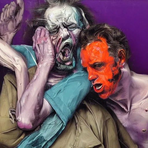 Prompt: high quality high detail painting of two men in agony on the streets of london by lucian freud and jenny saville and francis bacon and malcom liepke and nicola samori, hd, anxiety, two men crying and screaming, turquoise and purple and orange and pink, dark atmosphere