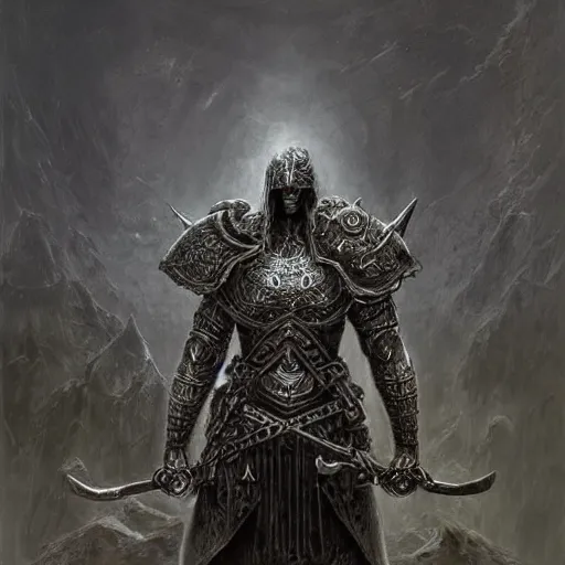 Prompt: ancient warrior concept art, dark soul, wearing ancient dark plated armor, elden ring, wielding a necrosword, by beksinski
