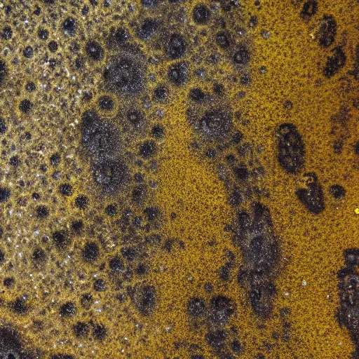Image similar to a yellow and brown bacterial mat at a yellowstone hotspring, macro photography, extremely detailed, small features, bumps, craters, follicles, high contrast, bright yellow, dull brown