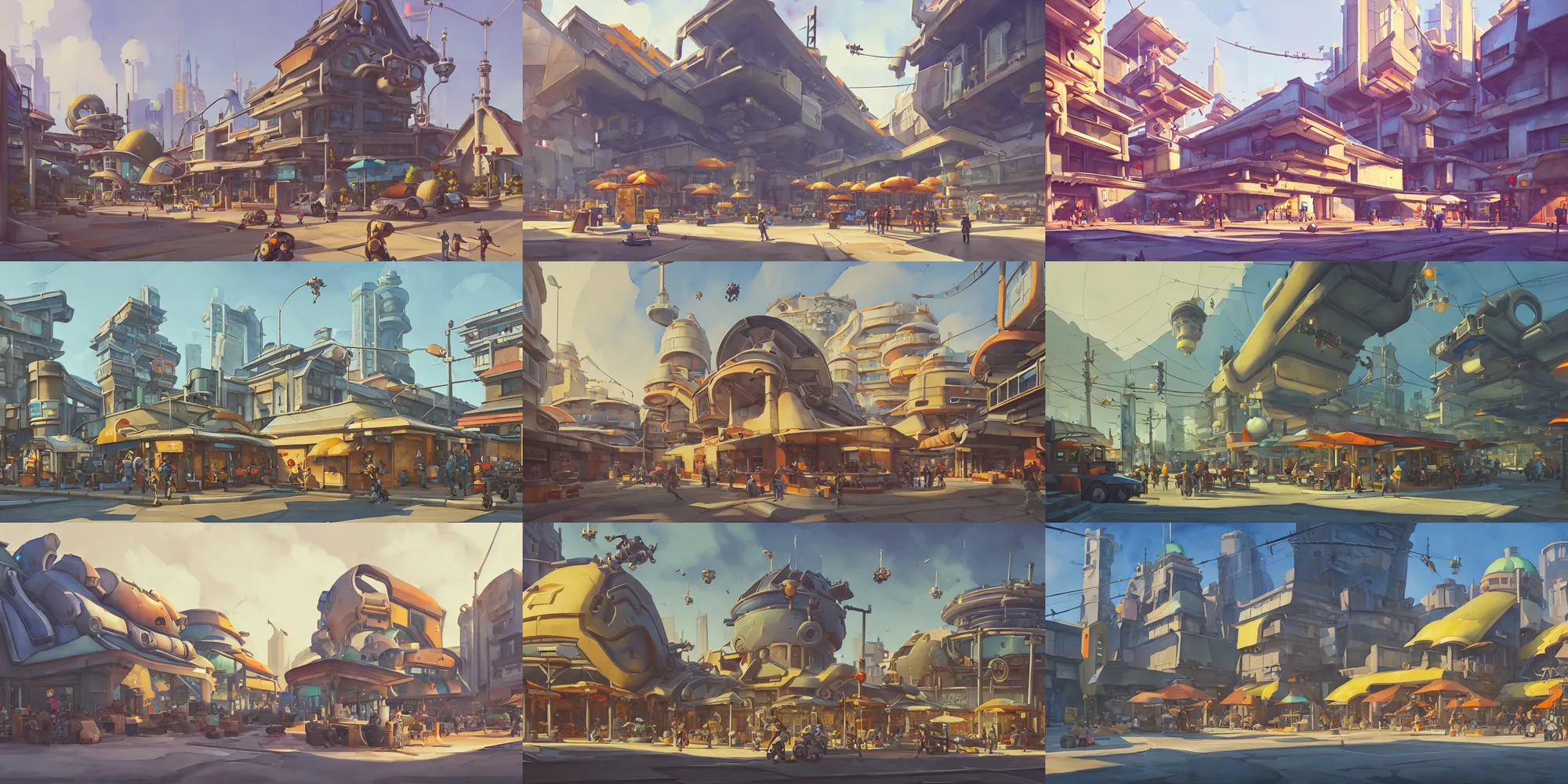 Prompt: overwatch building, stylized, exterior, architecture, in watercolor gouache detailed paintings, insanely detail, artstation, 8 k, futuristic, big medium small, arcane, simon stalenhag, food stall, interesting shapes & form, golden ratio, megastructures, vitaly bulgarov, mall, slums