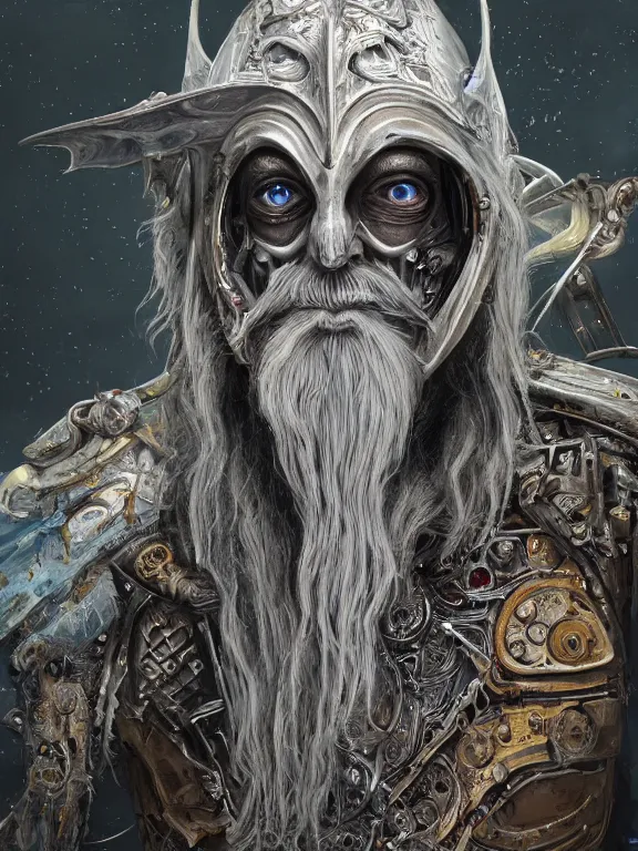 Prompt: portrait art of 8k ultra realistic undead Gandalf, intricate high tech helmet , detailed intricate ornate space suit,decaying, cybernetic, full of colour, cinematic lighting, battered, trending on artstation, 4k, hyperrealistic, focused, extreme details,unreal engine 5, cinematic, masterpiece, art by ayami kojima, giger