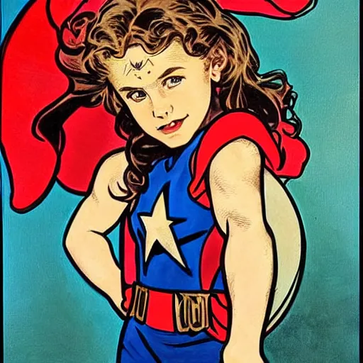 Image similar to a little girl with a mischievous face and light brown curly wavy hair and blue eyes. she is dressed as captain america, spider - man, batman, captain marvel, a superhero. well composed, clean elegant painting, beautiful detailed face. comic book art by steve ditko and jack kirby and ( alphonse mucha )