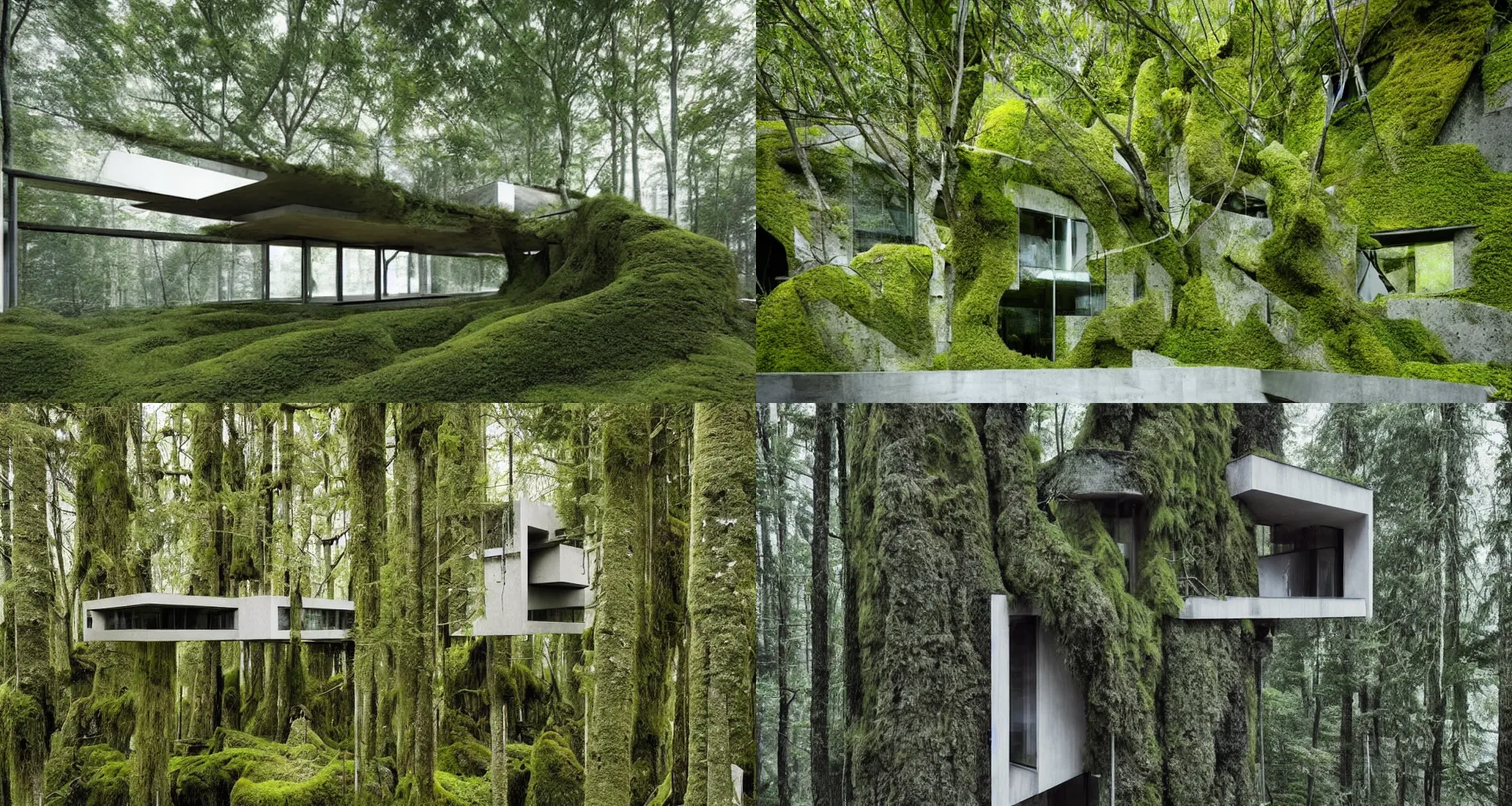 Prompt: a beautiful brutal architecture concept art of modern home connected with nature made of tree and overgrown moss, art by ando tadao, angular, architecture