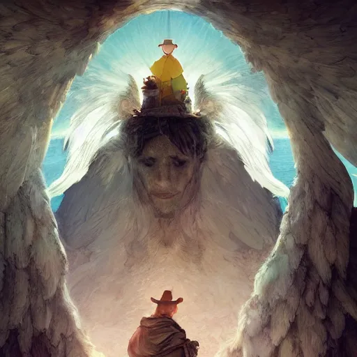 Prompt: snufkin with white angel wings in front of heaven doors, digital illustration portrait design, by android jones and greg rutkowski, retrowave color scheme, detailed, cinematic lighting, wide angle action dynamic portrait