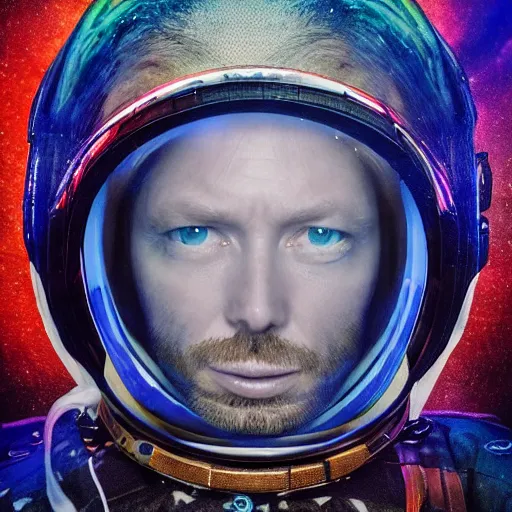 Image similar to thom yorke singer songwriter in a spacesuit, visor filling up with water, a hologram by mikolas ales, unsplash, video art, anamorphic lens flare, 8 k 3 d, datamosh, beautiful blue eyes, eyes reflecting into eyes reflecting into infinity, eyes reflecting into eyes reflecting into infinity