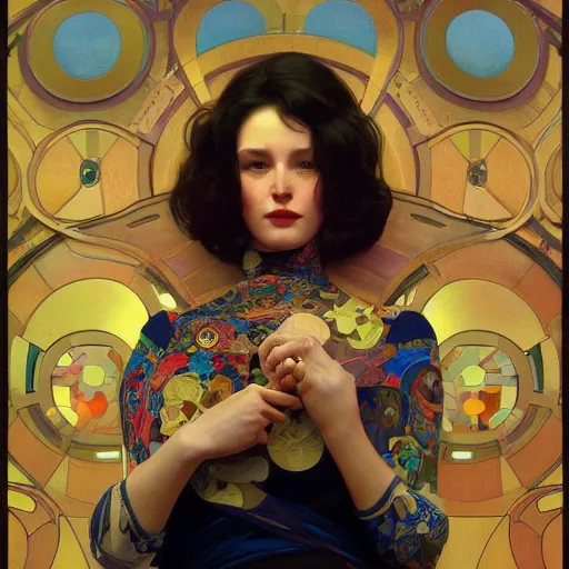 Image similar to modern woman | hyperrealistic | digital painting | trending on artstation | pinup portrait | clean | illustration | dressed | Unreal Engine 5 | 8k resolution | by Greg Rutkowski Alphonse Mucha Gustav Klimt and Mel Ramos