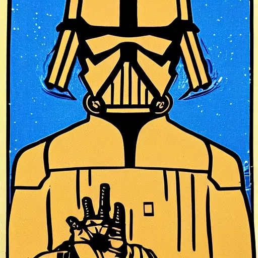 Image similar to tarot card portrait silkscreen of an angry futuristic star wars architect