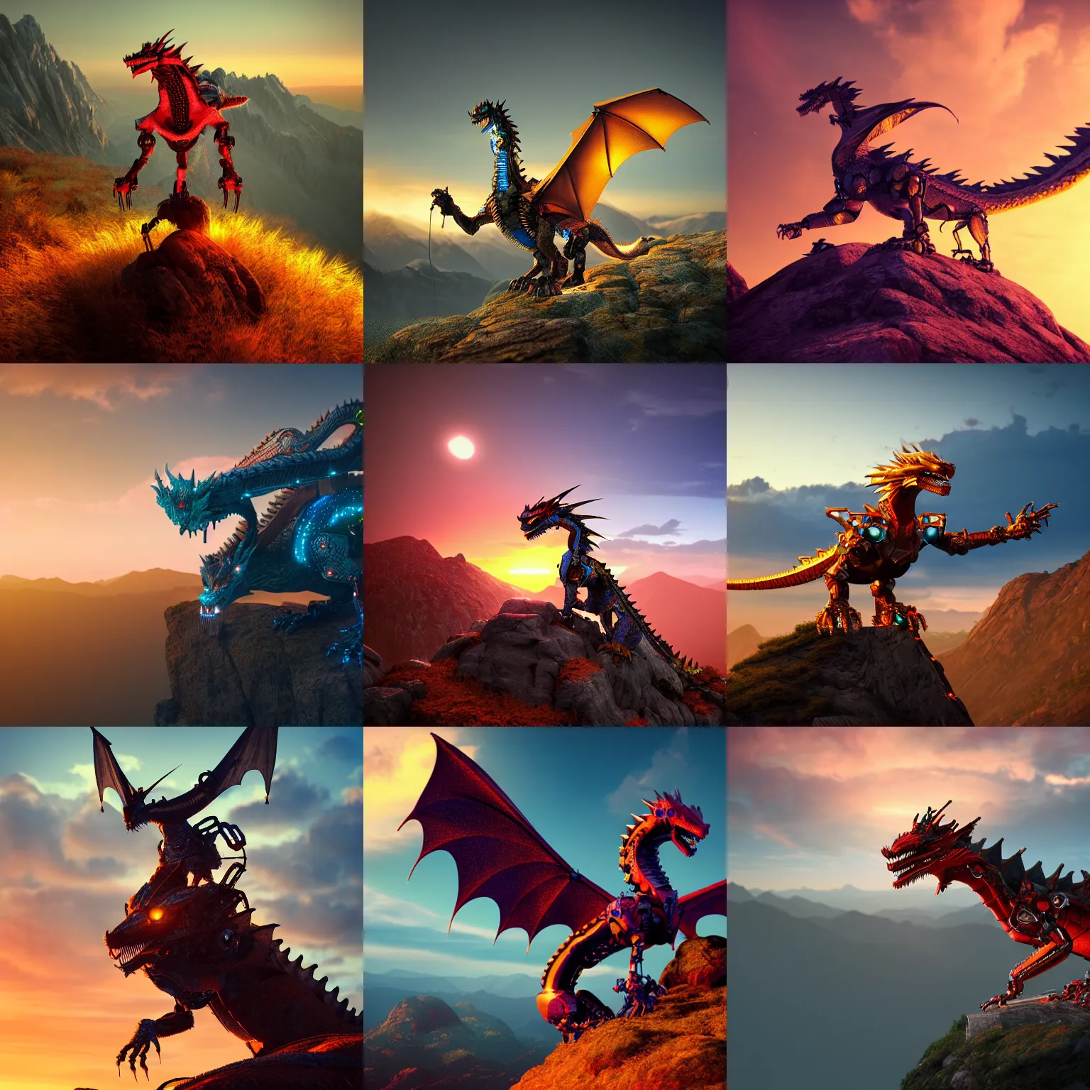 Prompt: robotic dragon perched on a mountain, sunset in background, cgsociety, octane render, vibrant colors, hdr, 4 k, 8 k