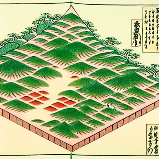 Image similar to 3d isometric botanical illustration of a small city in an island surrounded by water, by maria sibylla merian in Ukiyo-e style, HD